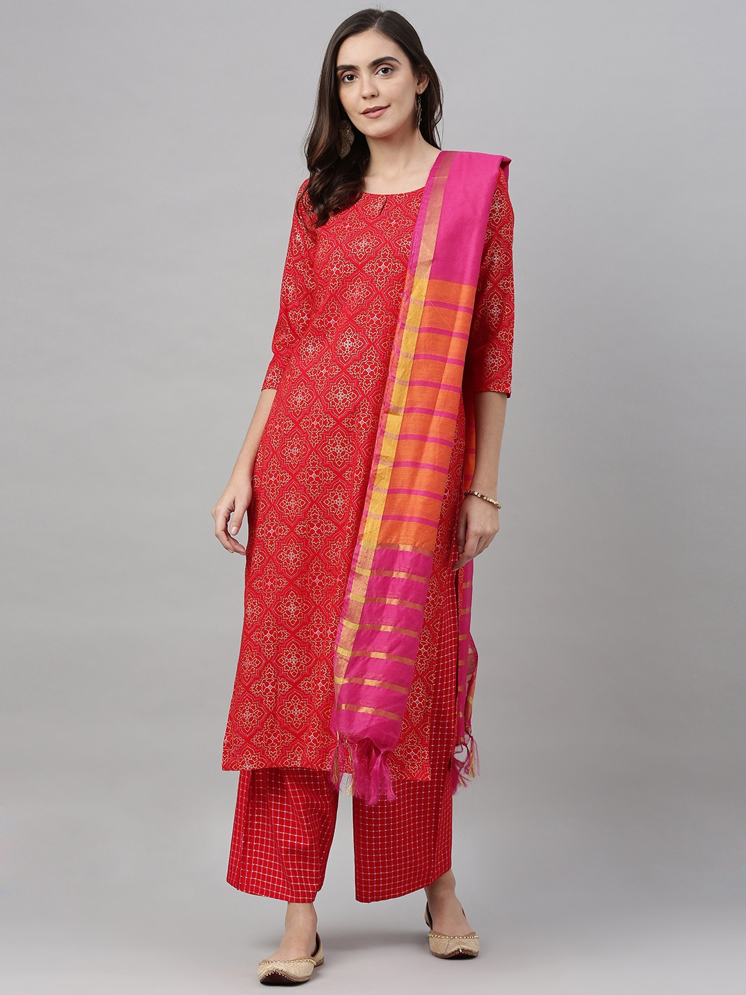 

KALINI Women Red & Golden Foil Printed Kurta with Palazzos & Dupatta