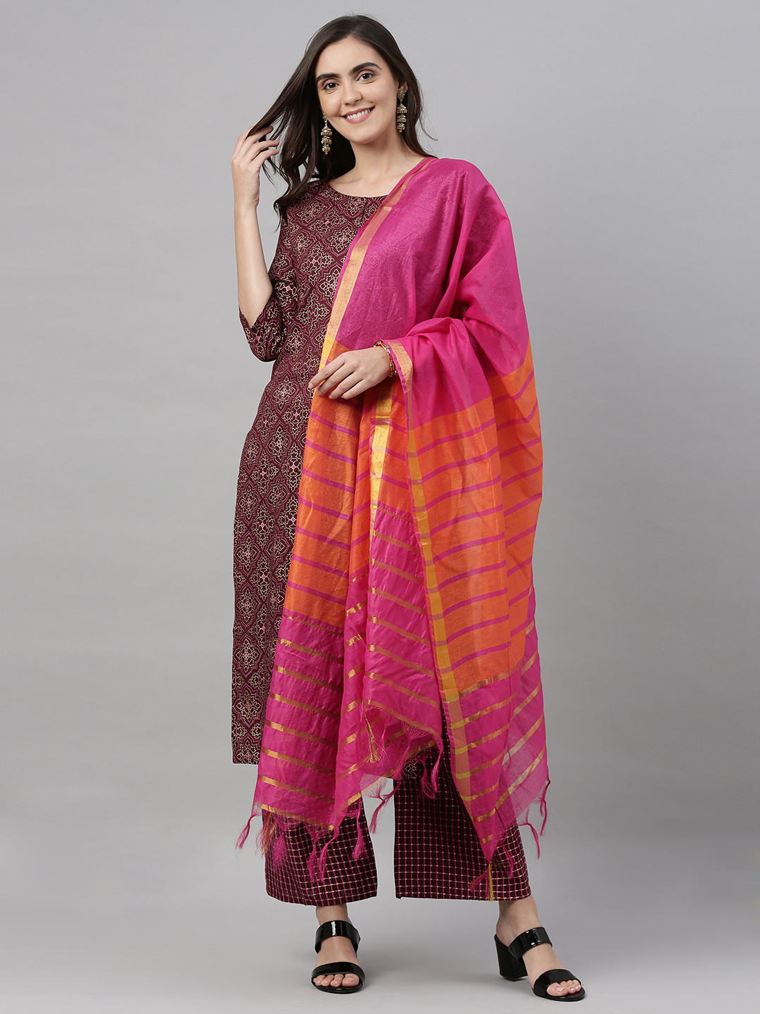 

KALINI Women Burgundy & Gold-Coloured Printed Kurta with Palazzos & Dupatta
