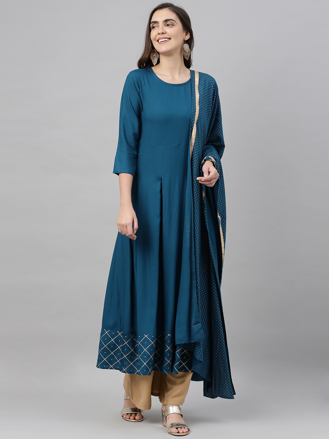 

KALINI Women Teal Blue & Beige Solid Kurta with Palazzos & Dupatta