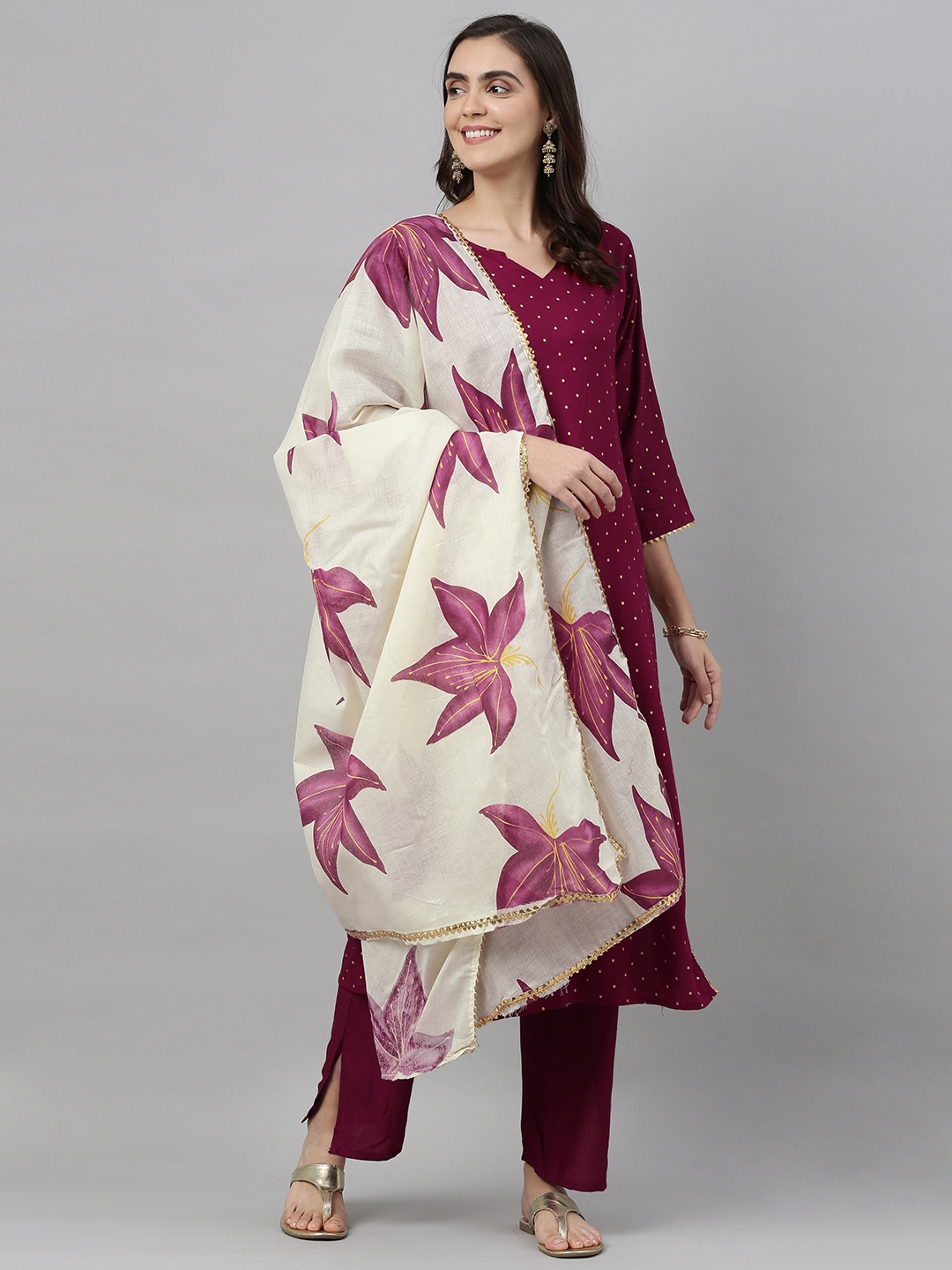 

KALINI Women Burgundy & Off-White Printed Kurta with Trousers & Dupatta
