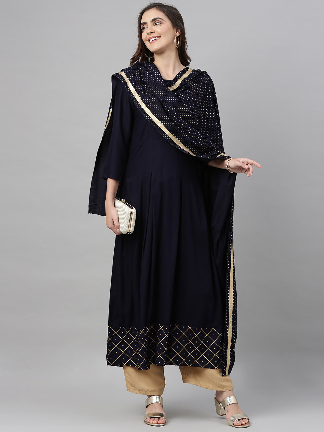 

KALINI Women Navy Blue & Golden Solid Kurta with Palazzos & Dupatta