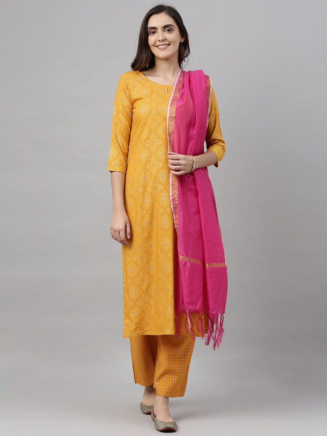 

KALINI Women Mustard Yellow & Pink Foil Printed Kurta with Palazzos & Dupatta