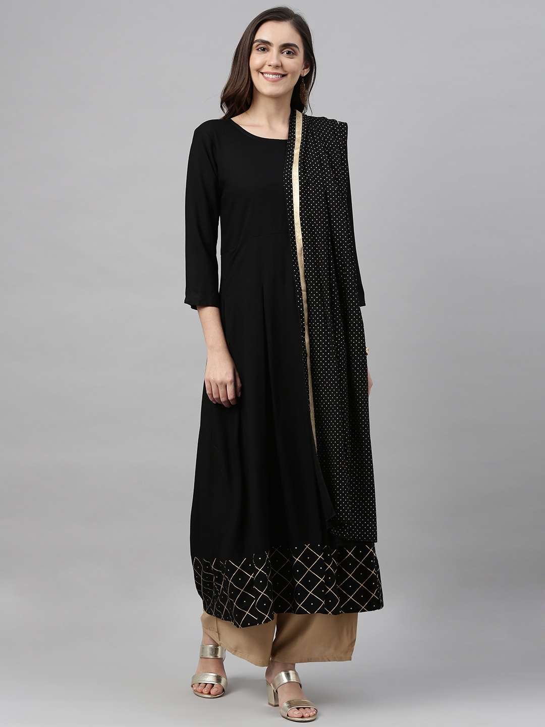 

KALINI Women Black Solid Kurta with Palazzos & Dupatta