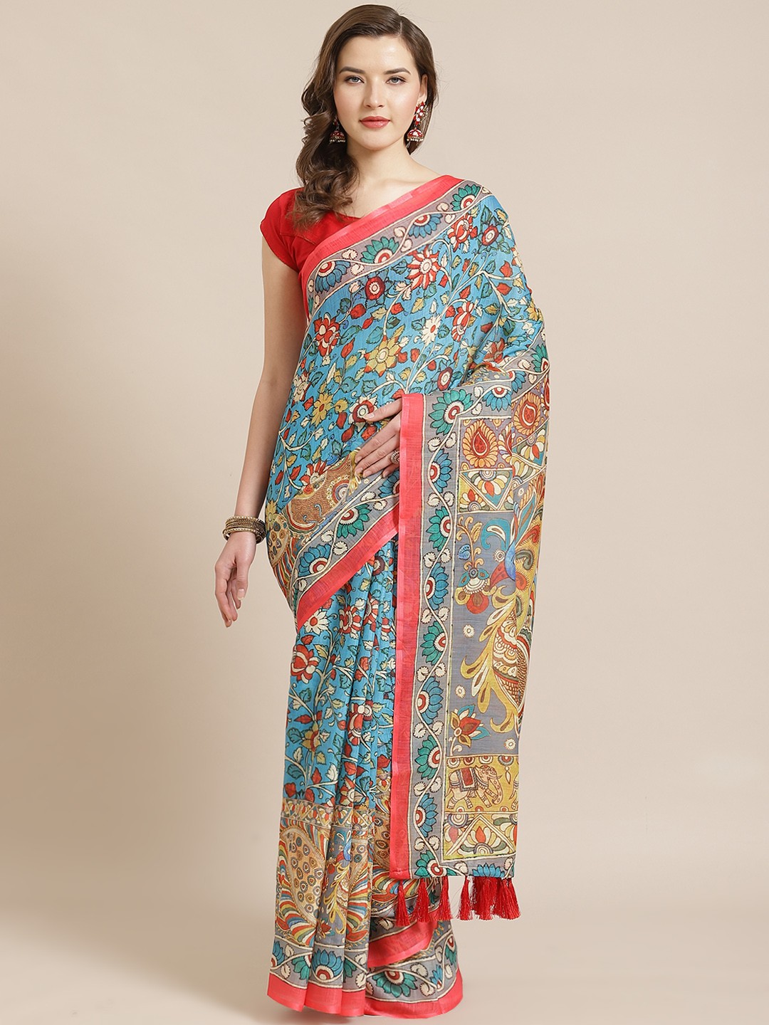 

VASTRANAND Blue & Red Kalamkari Printed Saree