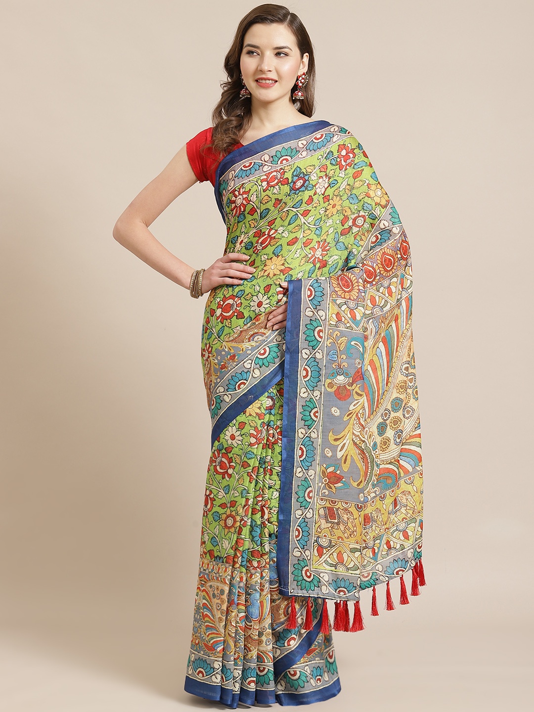 

VASTRANAND Green & Blue Kalamkari Printed Saree