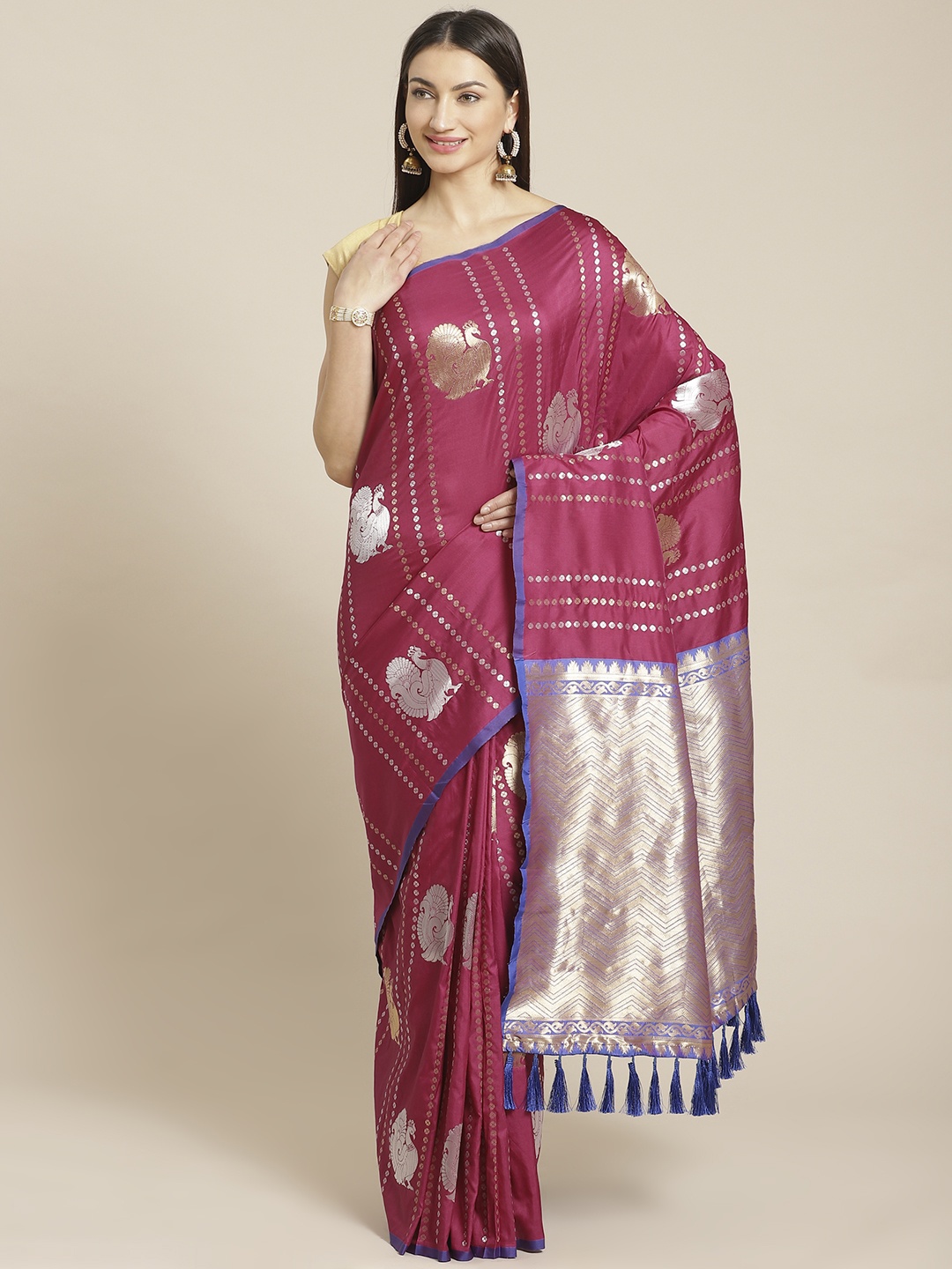 

VASTRANAND Magenta & Silver Woven Design Banarasi Saree