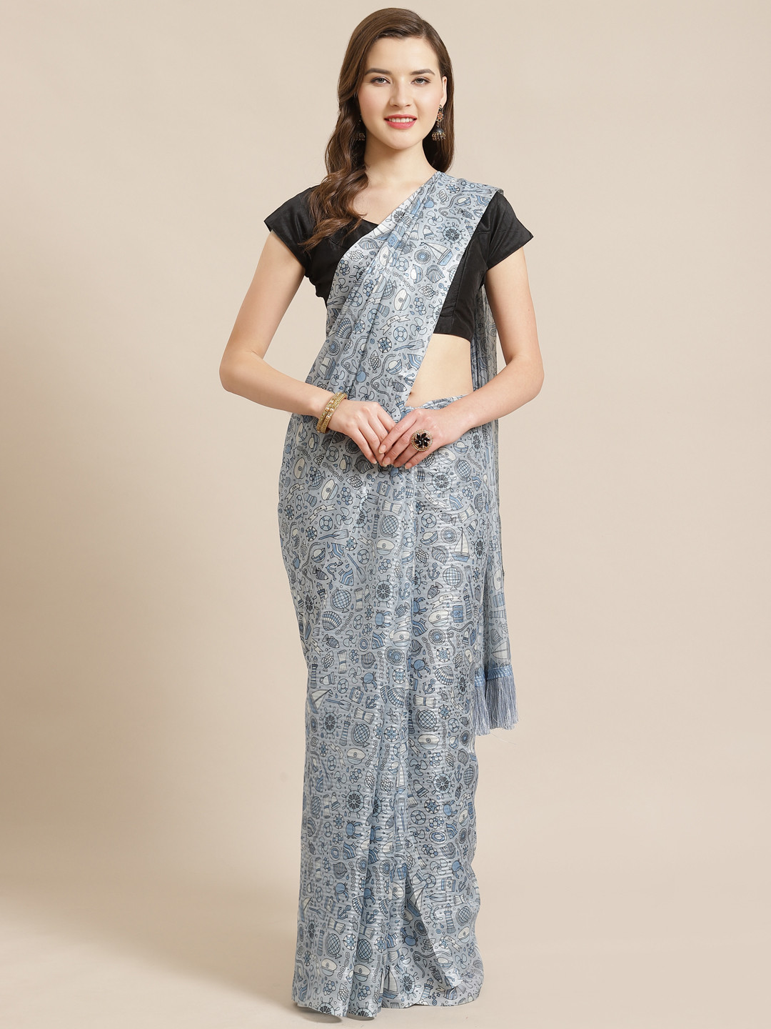 

VASTRANAND Blue & White Nautical Printed Saree