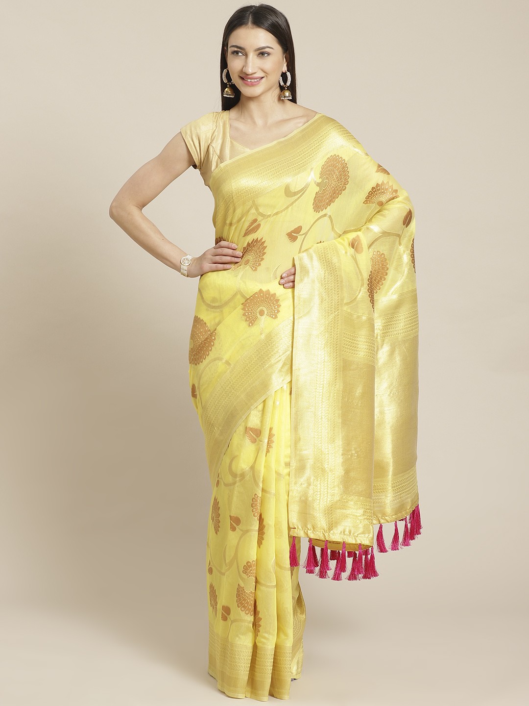 

VASTRANAND Yellow & Peach-Coloured Woven Design Saree