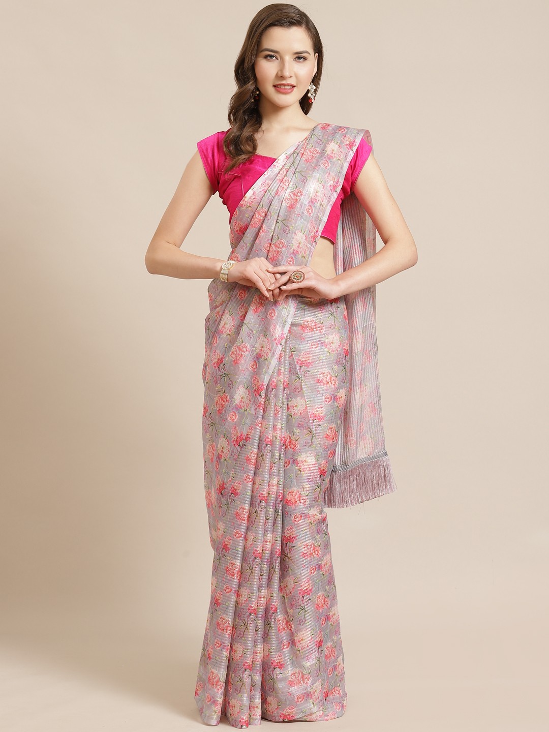 

VASTRANAND Pink & Peach-Coloured Floral Printed Saree