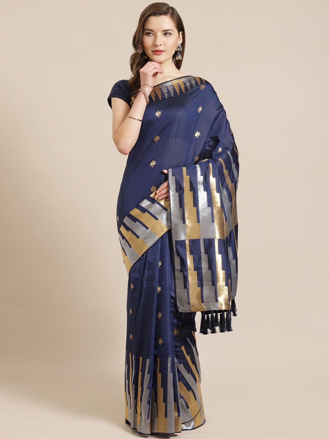 

VASTRANAND Navy Blue & Golden Woven Design Banarasi Saree