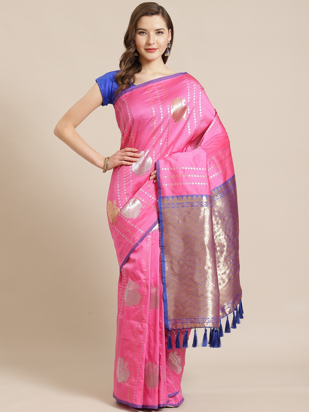 

VASTRANAND Pink & Golden Zari Woven Design Banarasi Saree