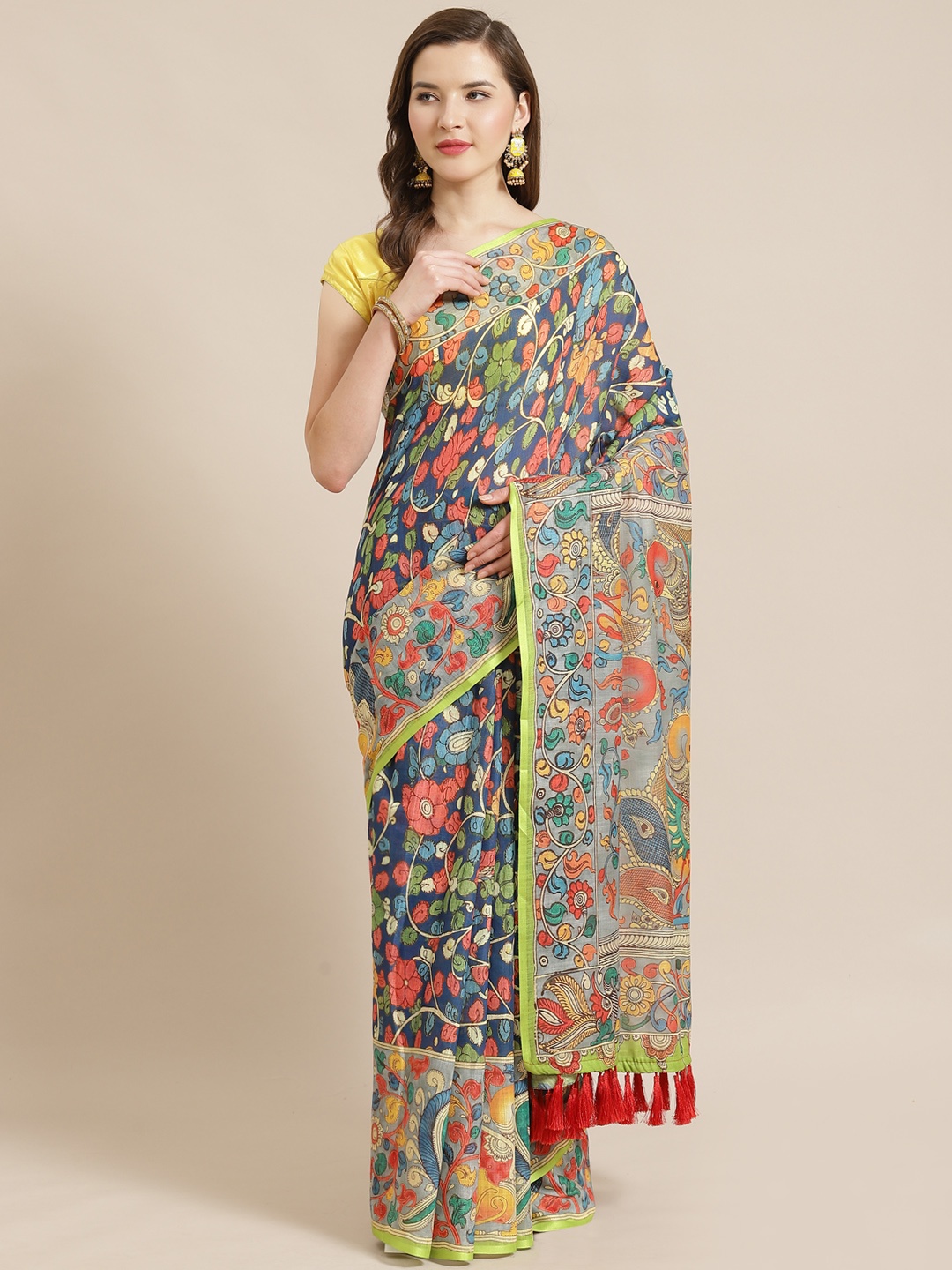 

VASTRANAND Blue & Green Kalamkari Printed Saree