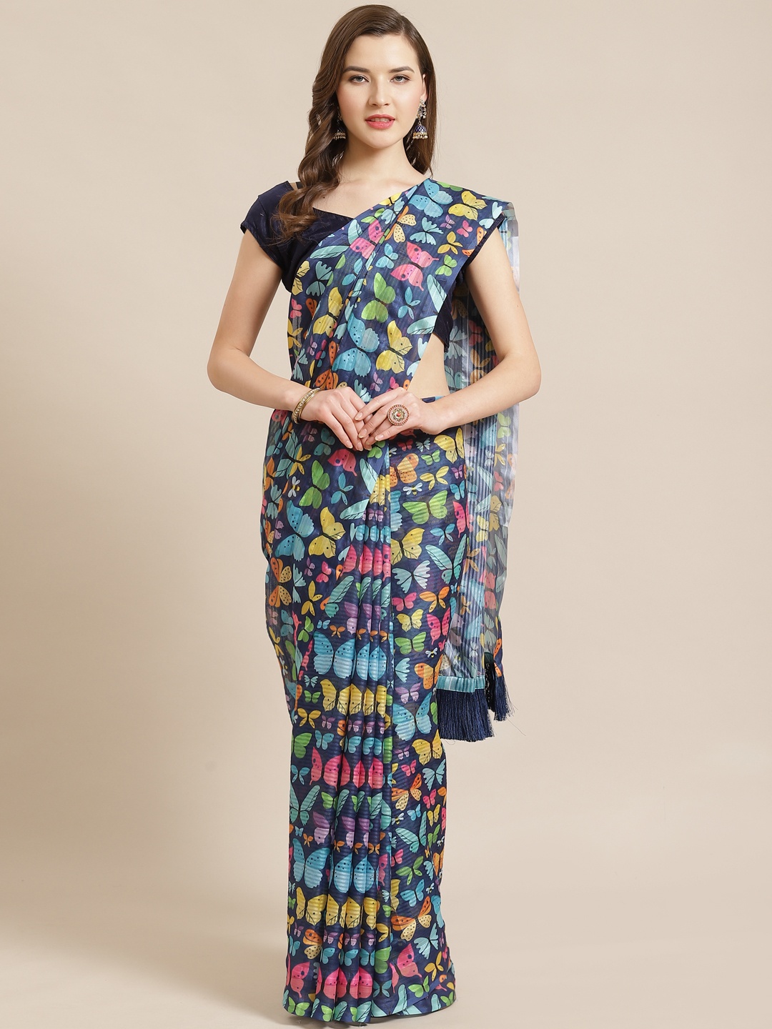 

VASTRANAND Blue & Yellow Butterfly Printed Saree