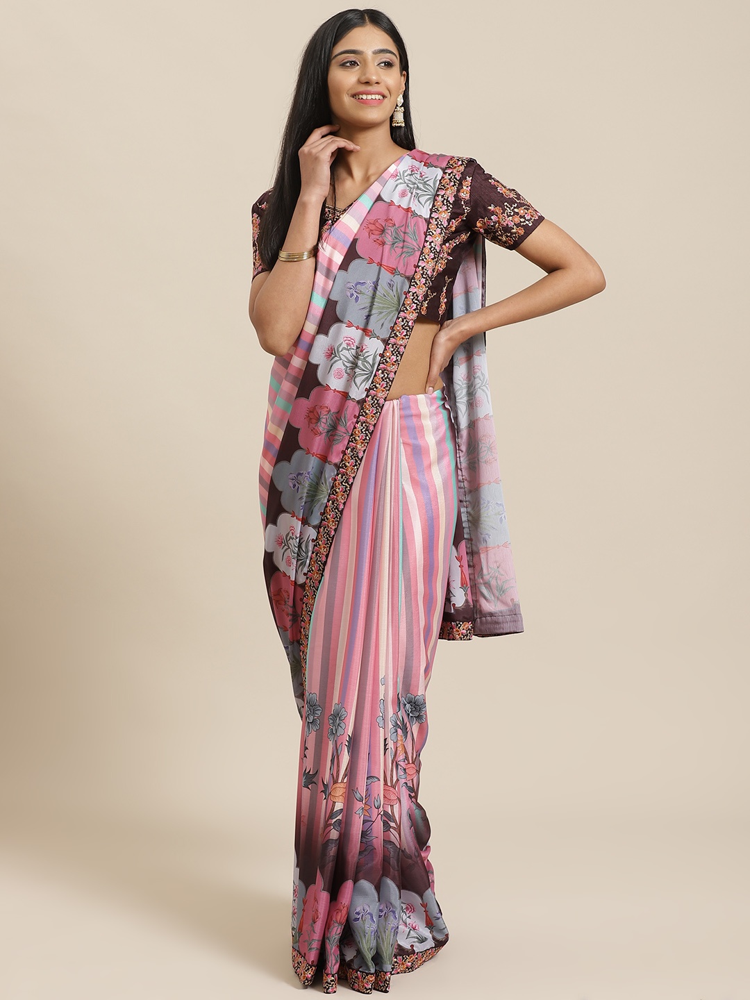 

Saree mall Pink & Blue Striped Saree