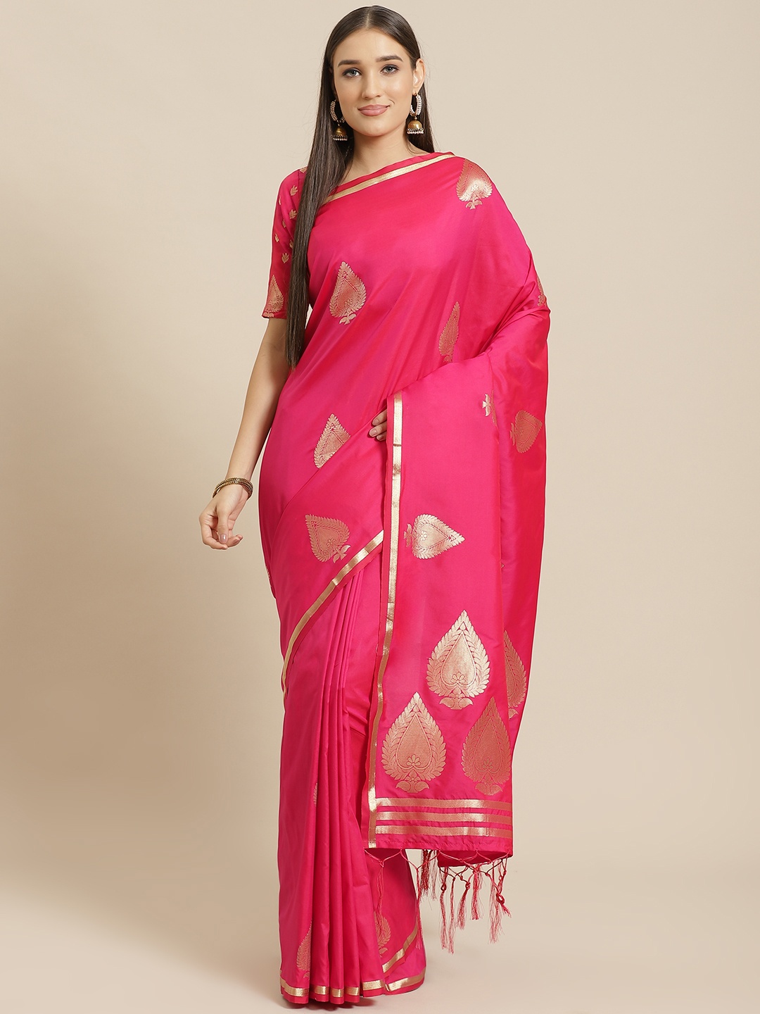 

Saree mall Pink & Golden Woven Design Banarasi Saree