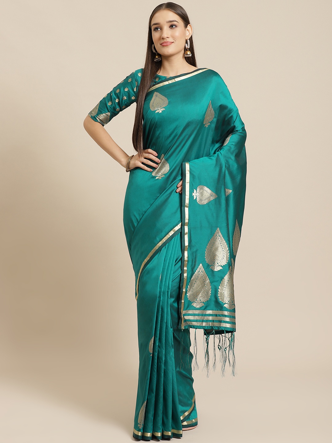 

Saree mall Teal Green & Golden Woven Design Banarasi Saree