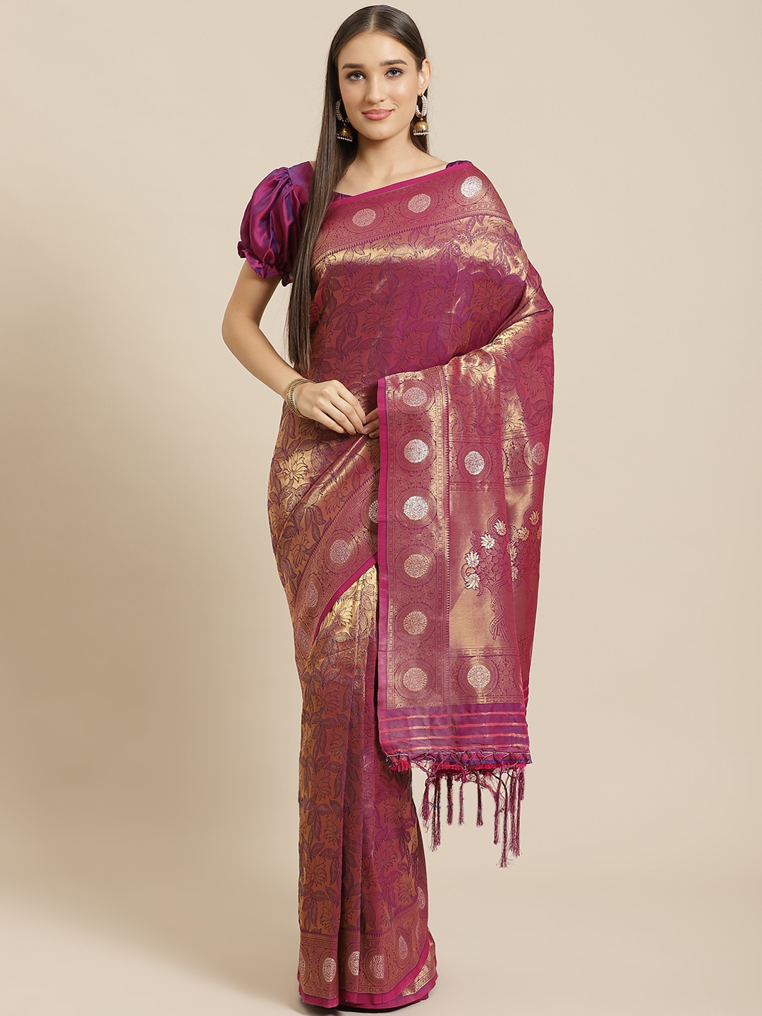 

Saree mall Magenta & Golden Woven Design Banarasi Saree