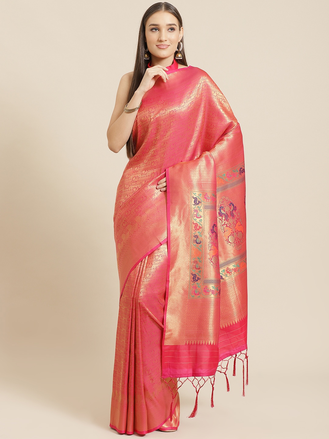 

Saree mall Pink & Green Woven Design Banarasi Saree