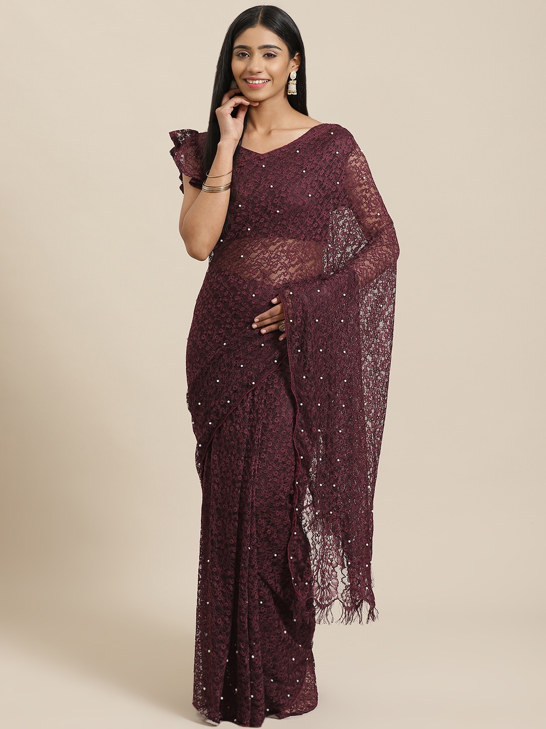 

Saree mall Burgundy Lace Supernet Saree