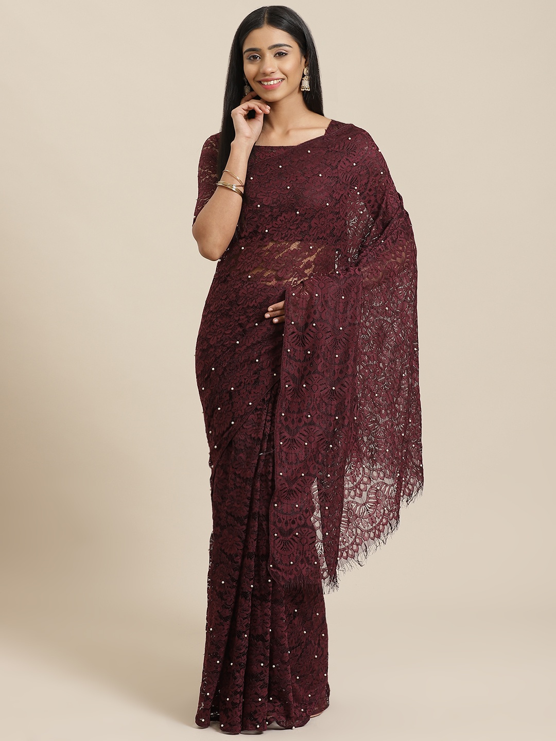 

Saree mall Burgundy Lace Supernet Saree