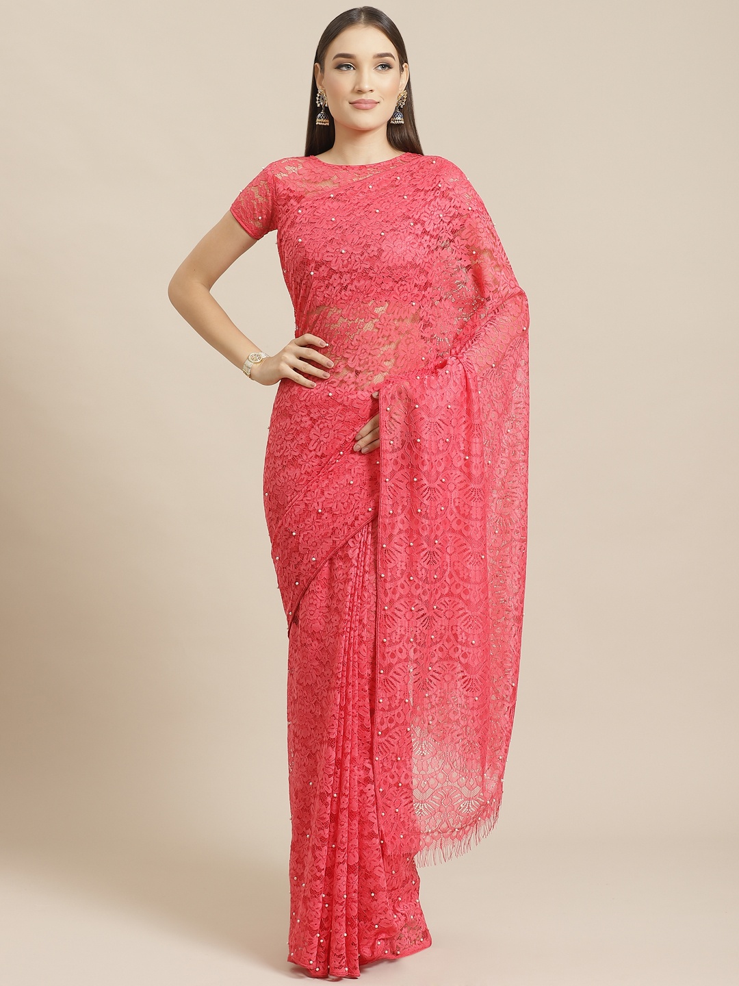 

Saree mall Pink Lace Supernet Saree