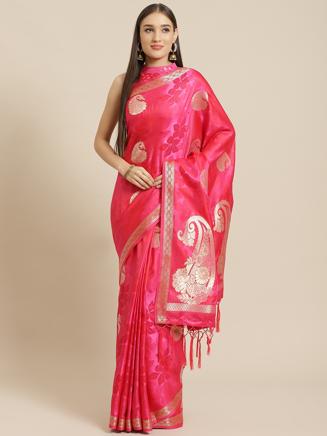 

Saree mall Pink & Golden Woven Design Banarasi Saree