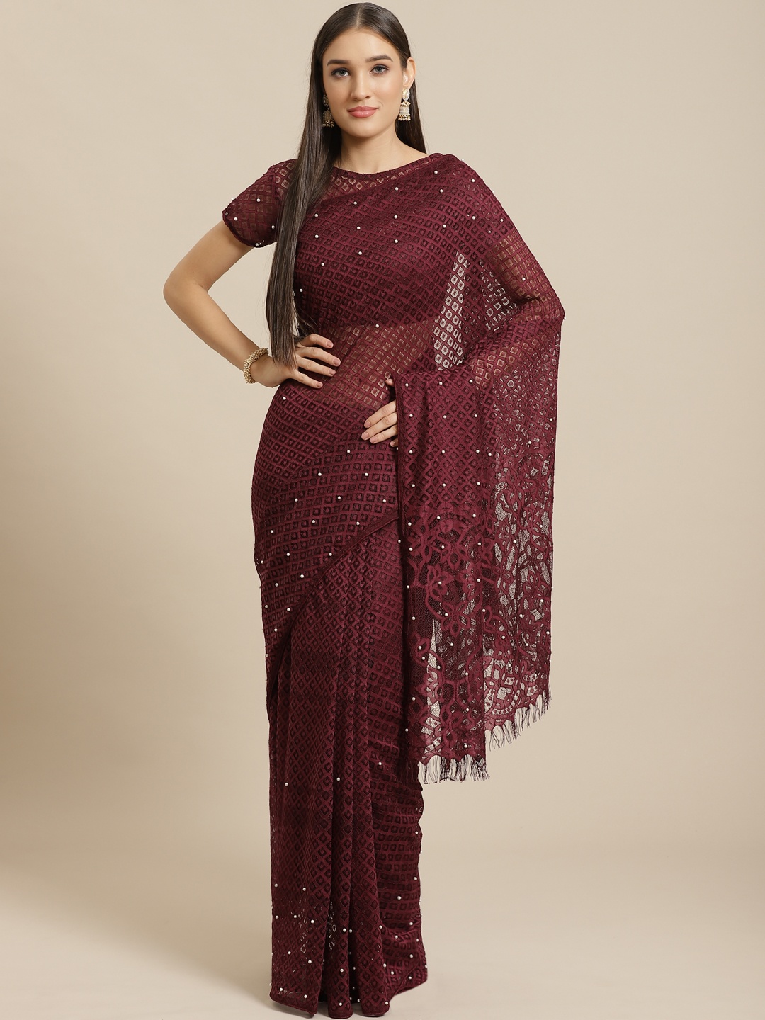 

Saree mall Burgundy Woven Design Supernet Saree