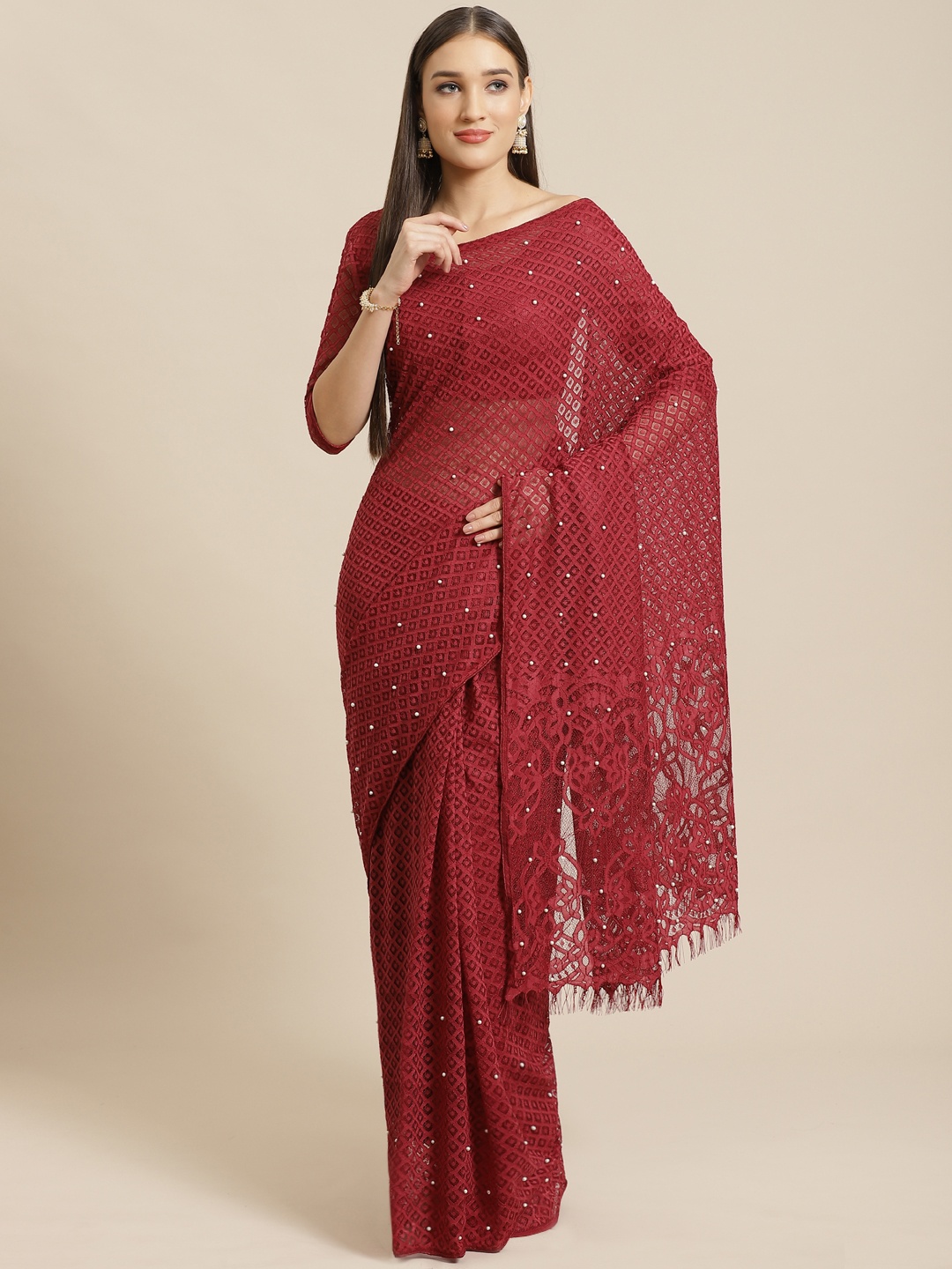 

Saree mall Maroon Woven Design Supernet Saree