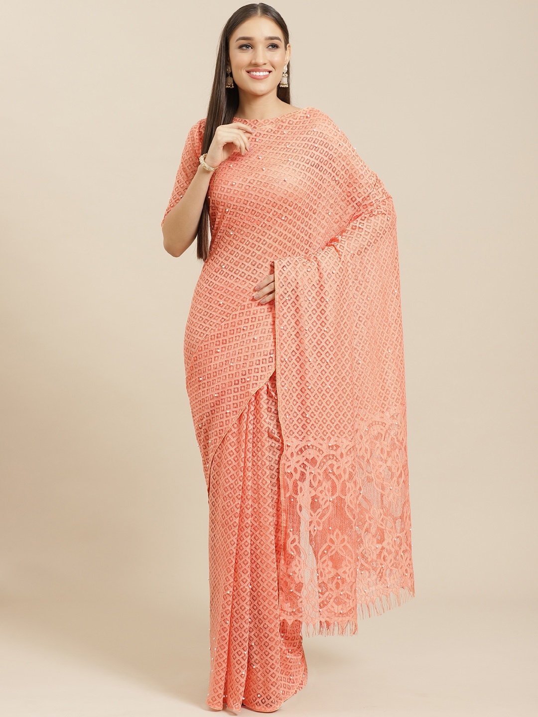 

Saree mall Peach-Coloured Woven Design Supernet Saree