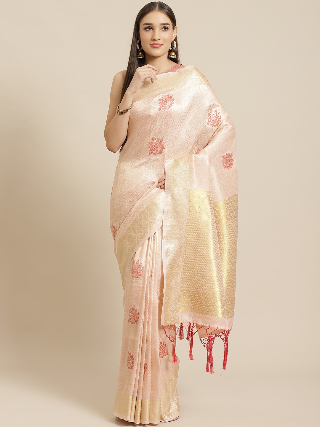 

Saree mall Peach-Coloured & Golden Woven Design Banarasi Saree