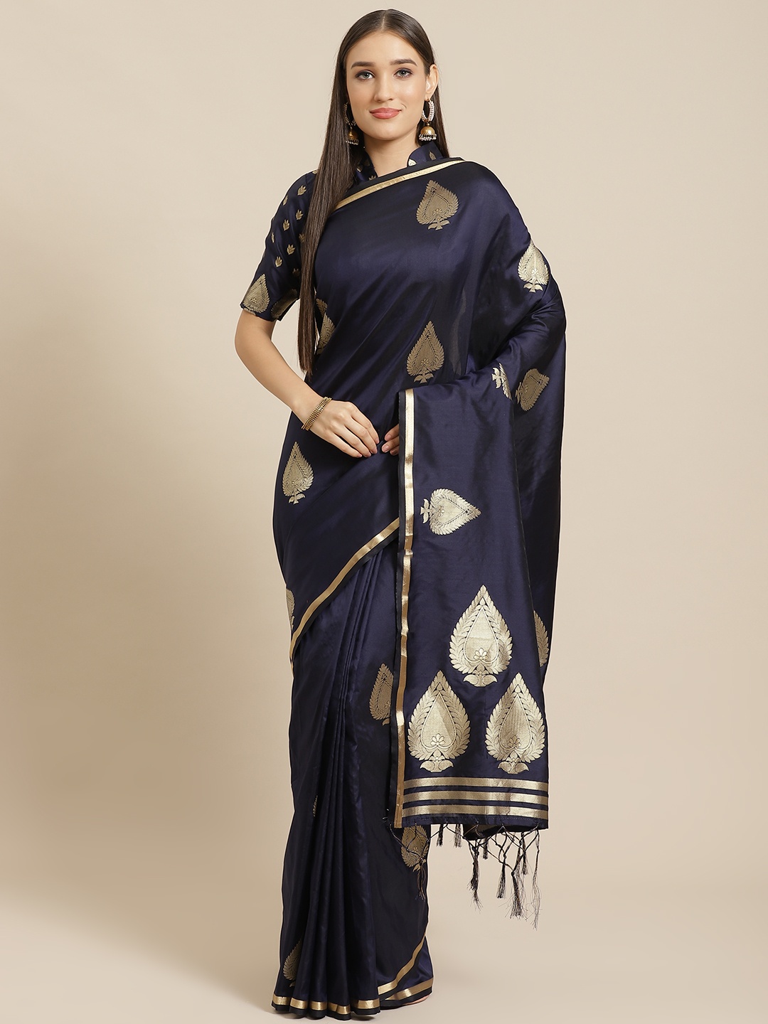 

Saree mall Navy Blue & Golden Woven Design Banarasi Saree