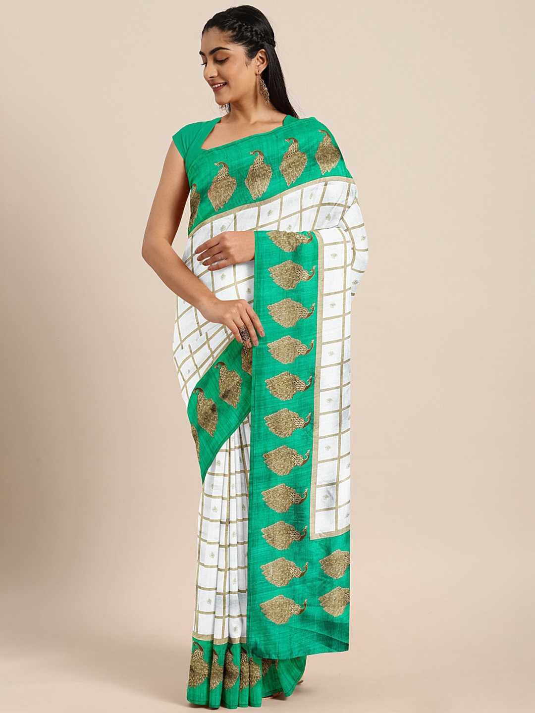 

KALINI White & Gold-Toned Checked Saree