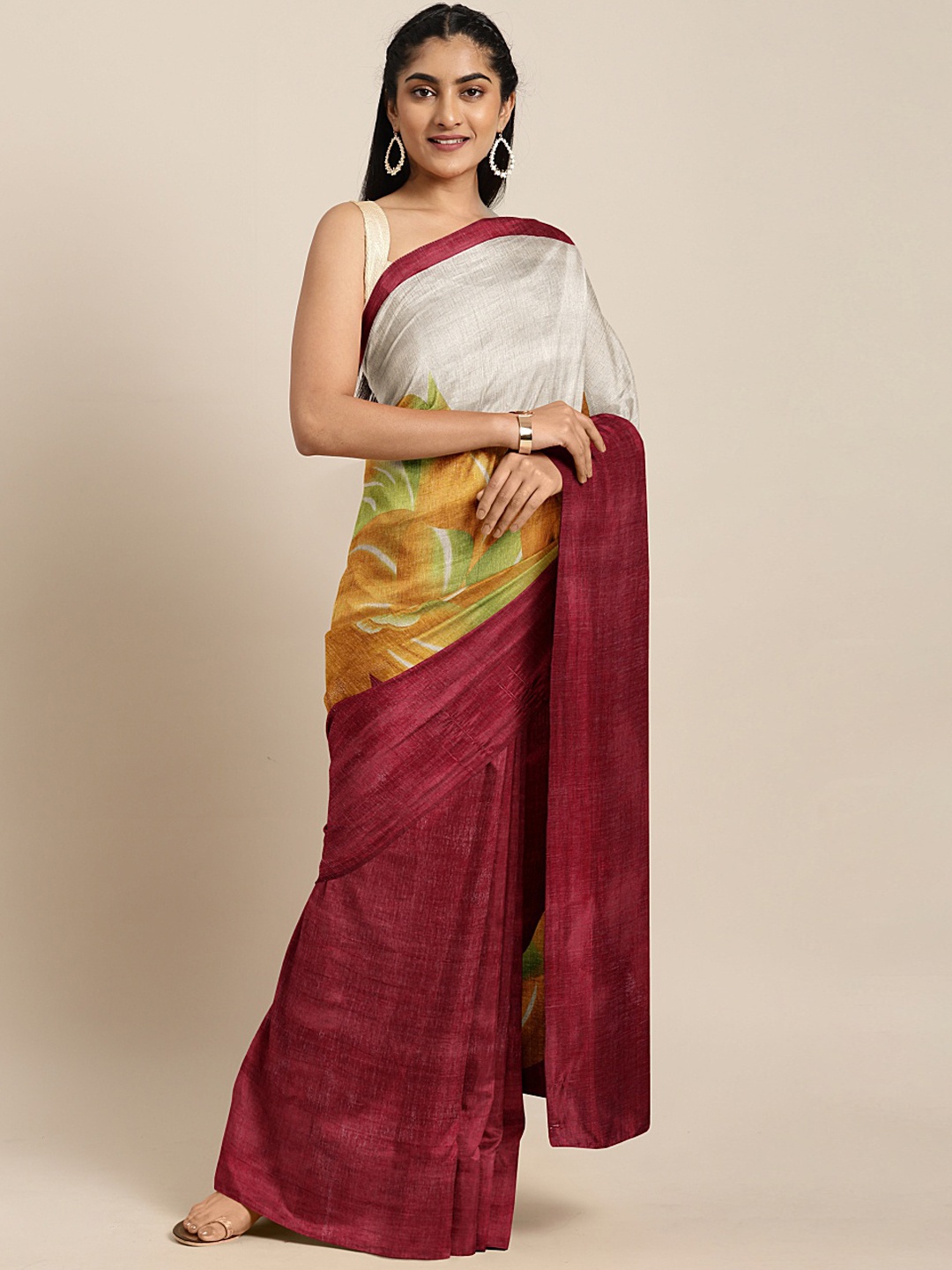 

KALINI Grey & Maroon Floral Printed Saree