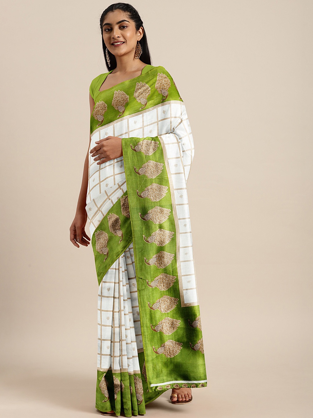 

KALINI White & Gold-Toned Checked Saree