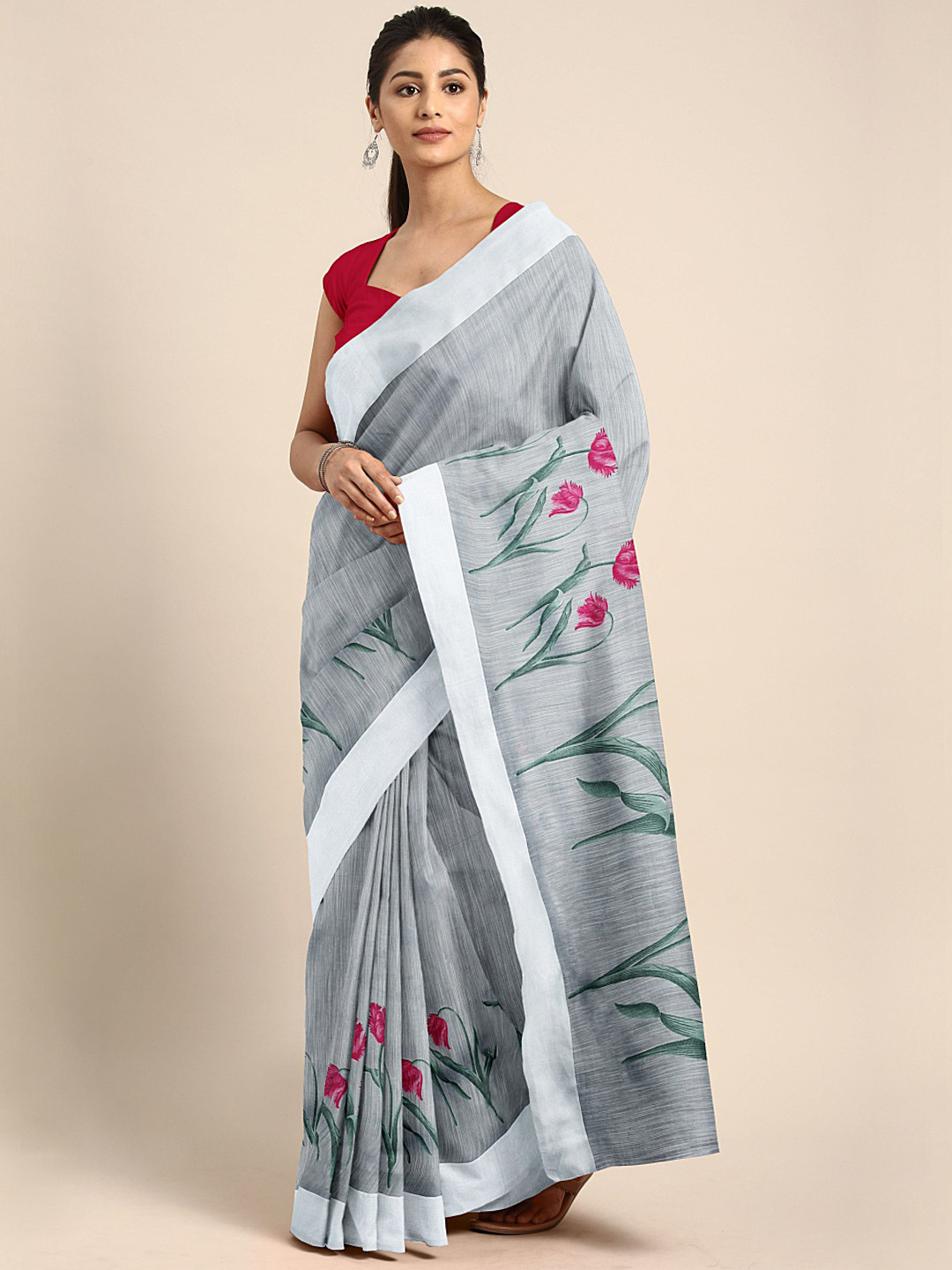 

KALINI Grey & Pink Linen Blend Solid Saree