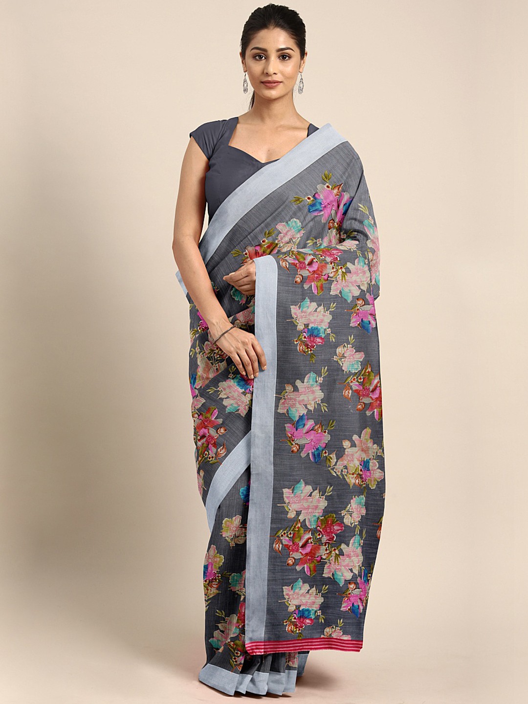 

KALINI Grey Printed Linen Blend Saree