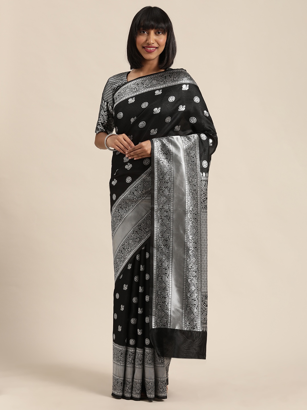 

Sugathari Black & Silver-Toned Silk Blend Woven Design Banarasi Saree