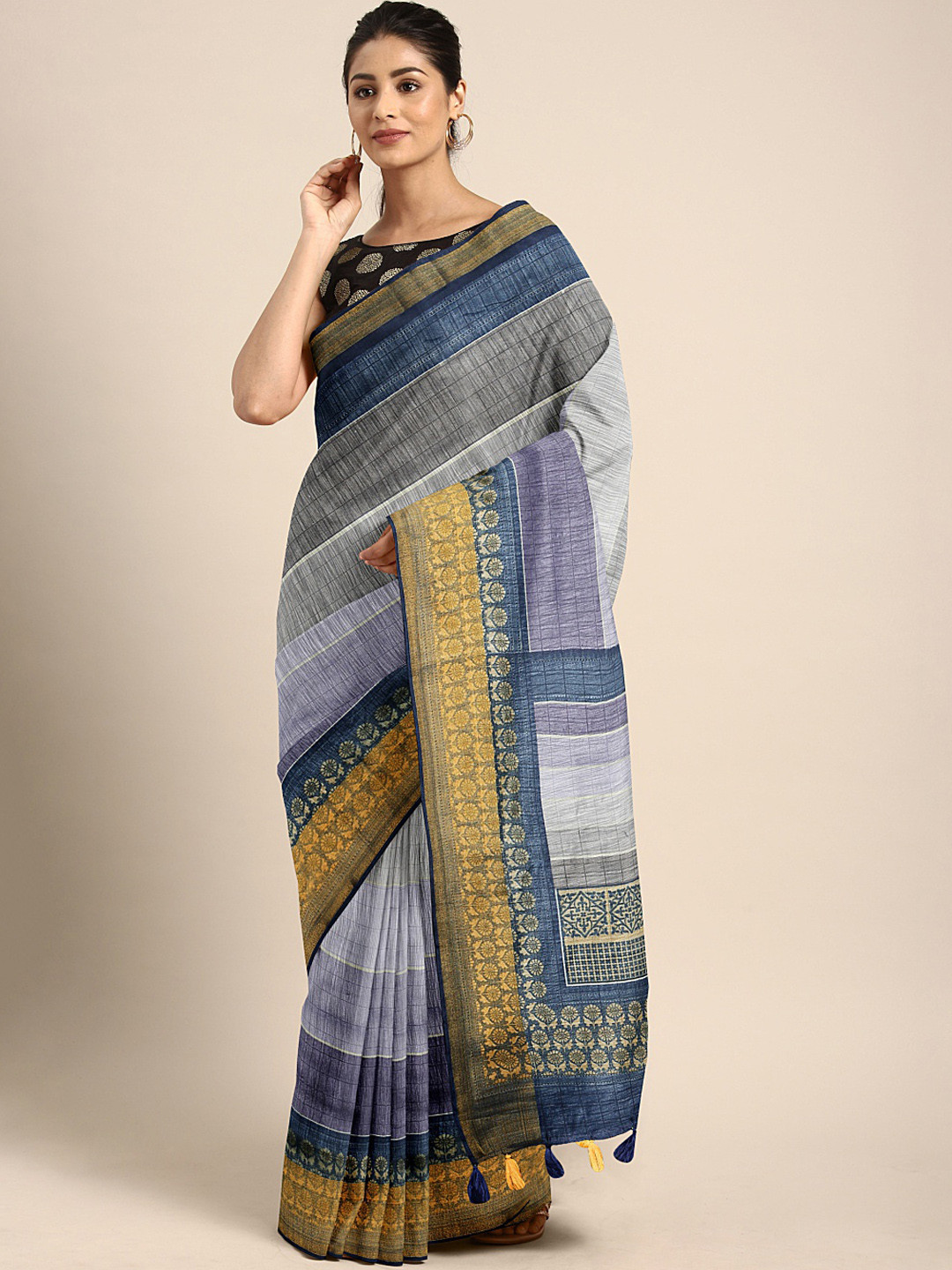 

Triveni Grey & Blue Pure Cotton Striped Saree