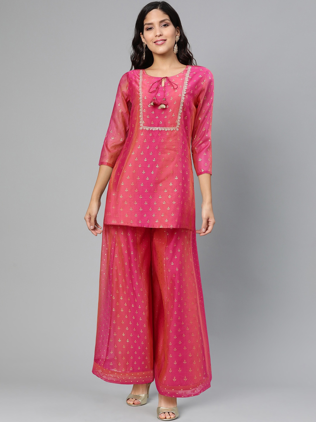 

Global Desi Women Pink & Gold-Toned Printed Kurti with Palazzos