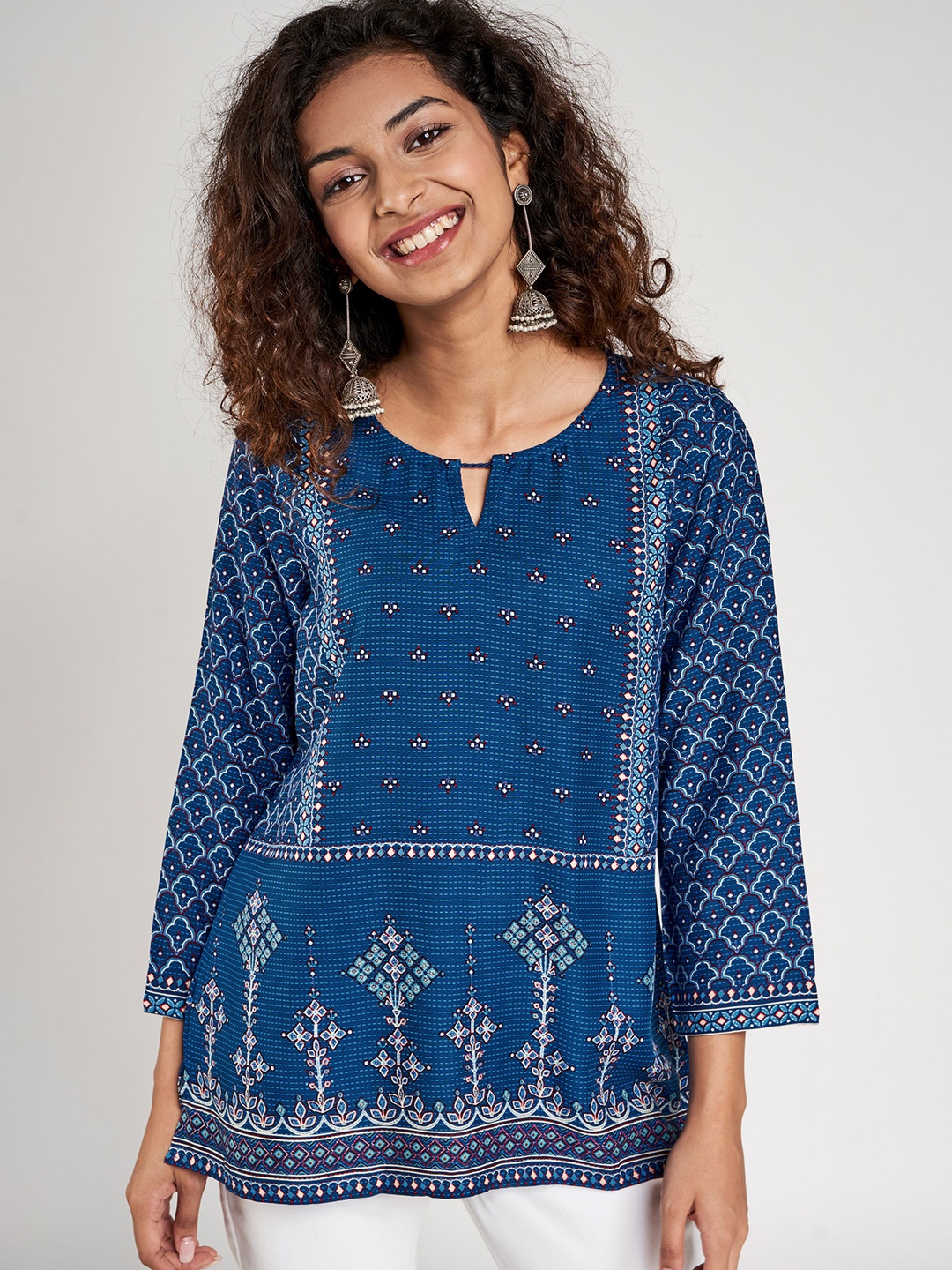 

Global Desi Women Blue & White Printed Ecovero Lenzing A-Line Top