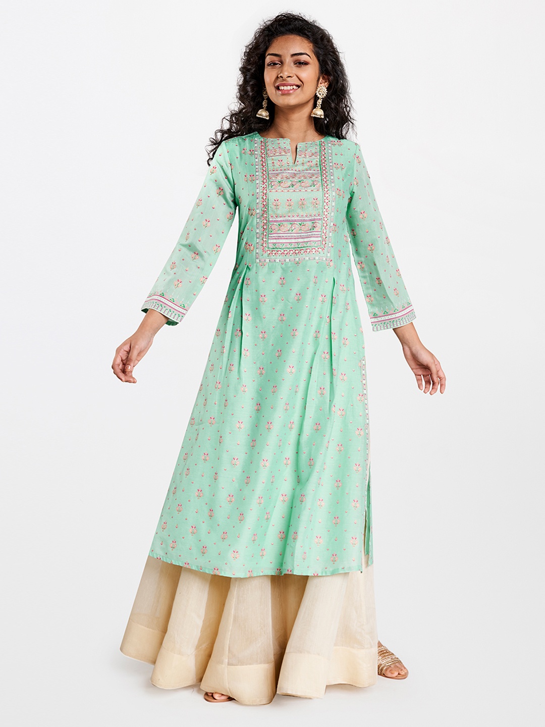 

Global Desi Women Sea Green & Peach-Coloured Printed A-Line Kurta