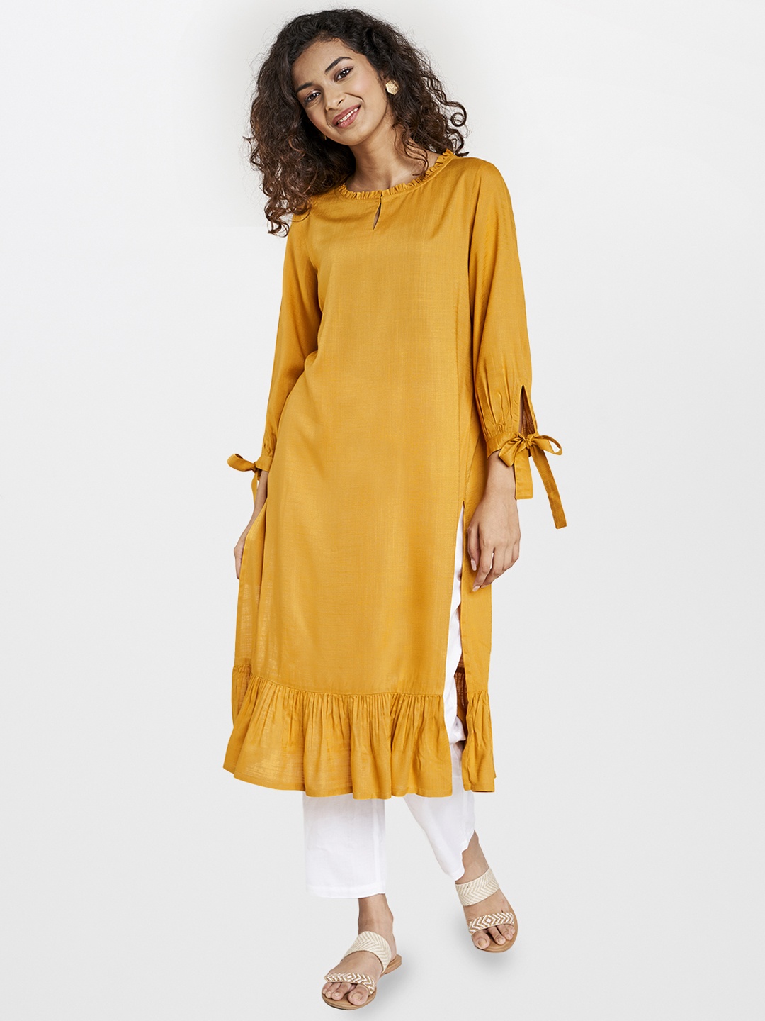 

Global Desi Women Mustard Yellow Eco Vero Pleated Straight Kurta