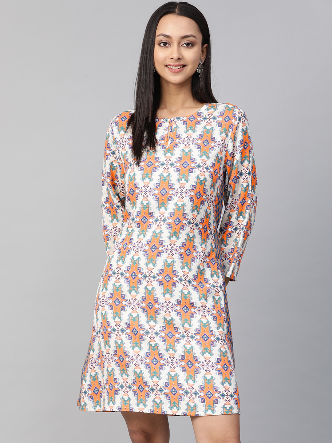 

Global Desi Women EcoVero Off-White & Orange Printed A-Line Dress