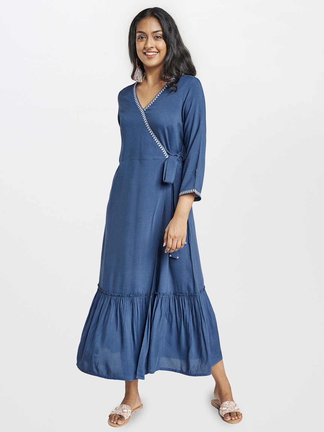 

Global Desi Women Blue Solid EcoVero Tiered Wrap Dress With Embroidery