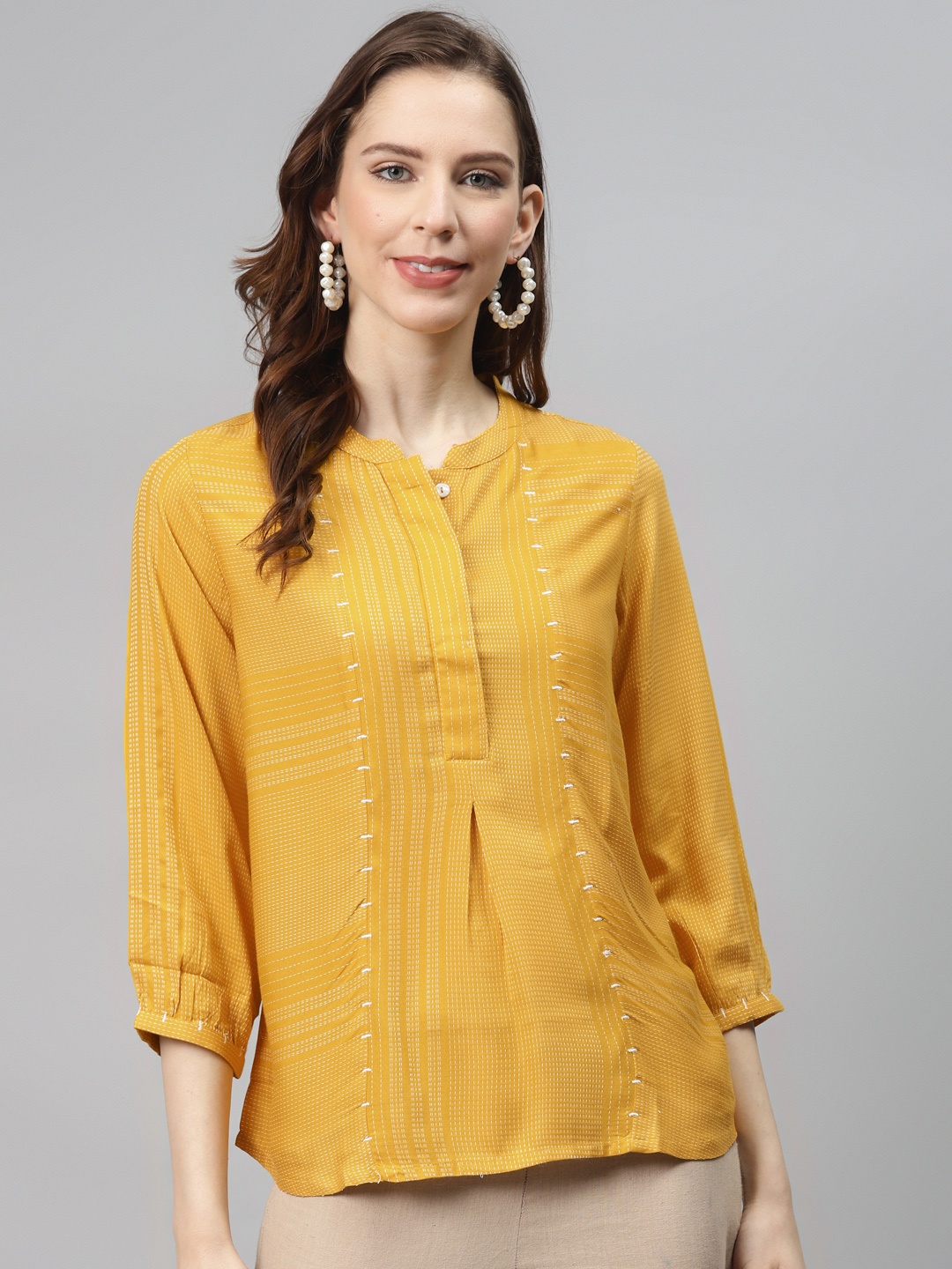 

Global Desi Women Mustard Yellow & White Striped Top