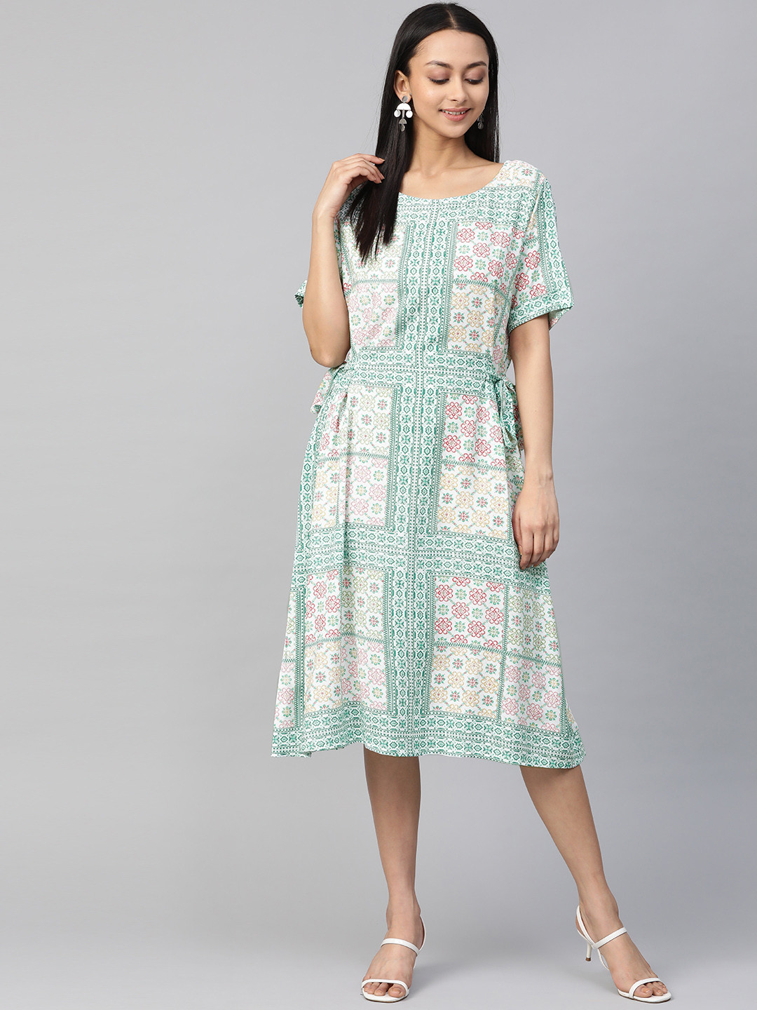 

Global Desi Women EcoVero White & Green Printed A-Line Dress