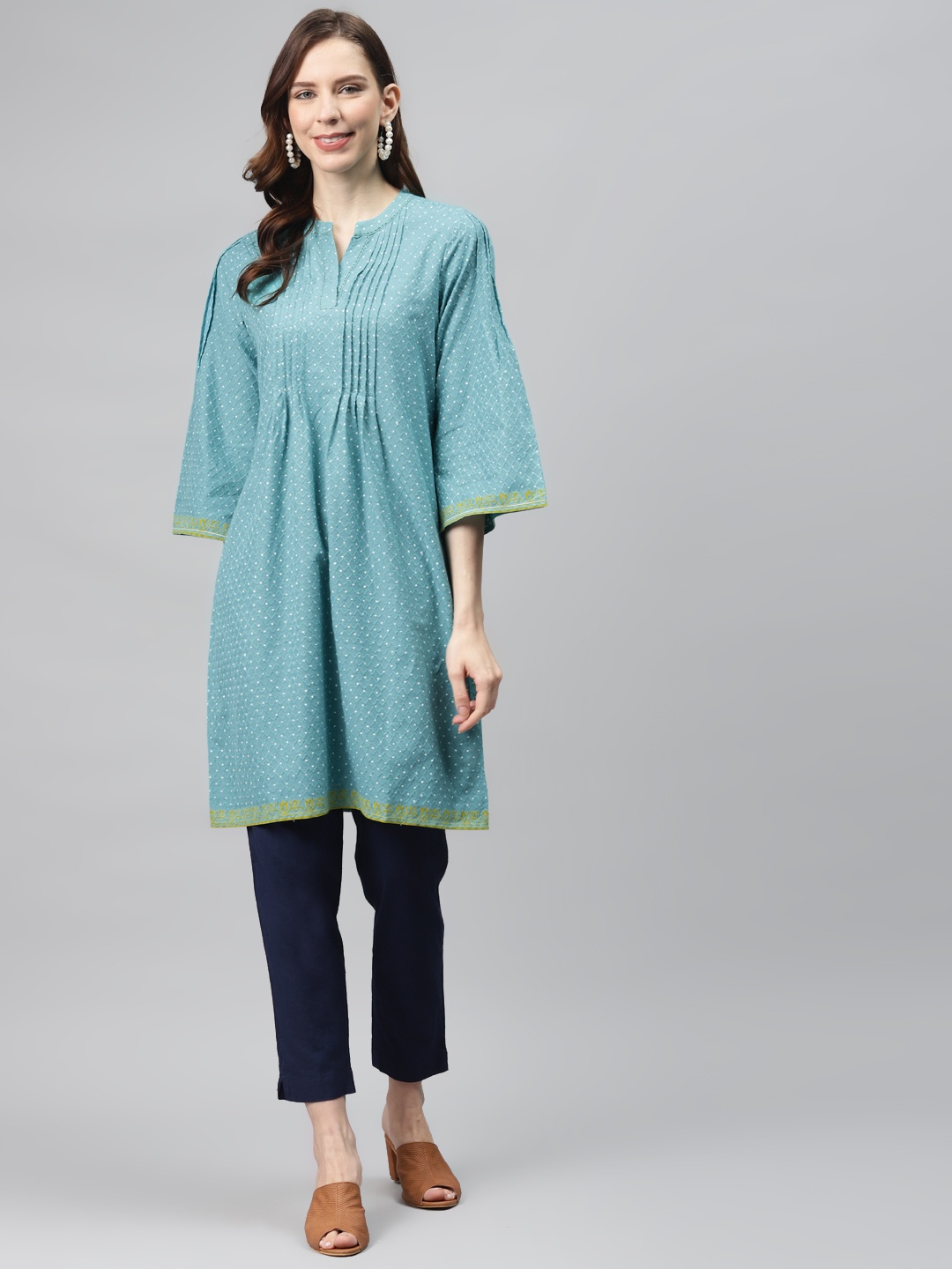 

Global Desi Eco-Vero Women Blue Embroidered Pure Cotton A-Line Kurta With Flared Sleeves