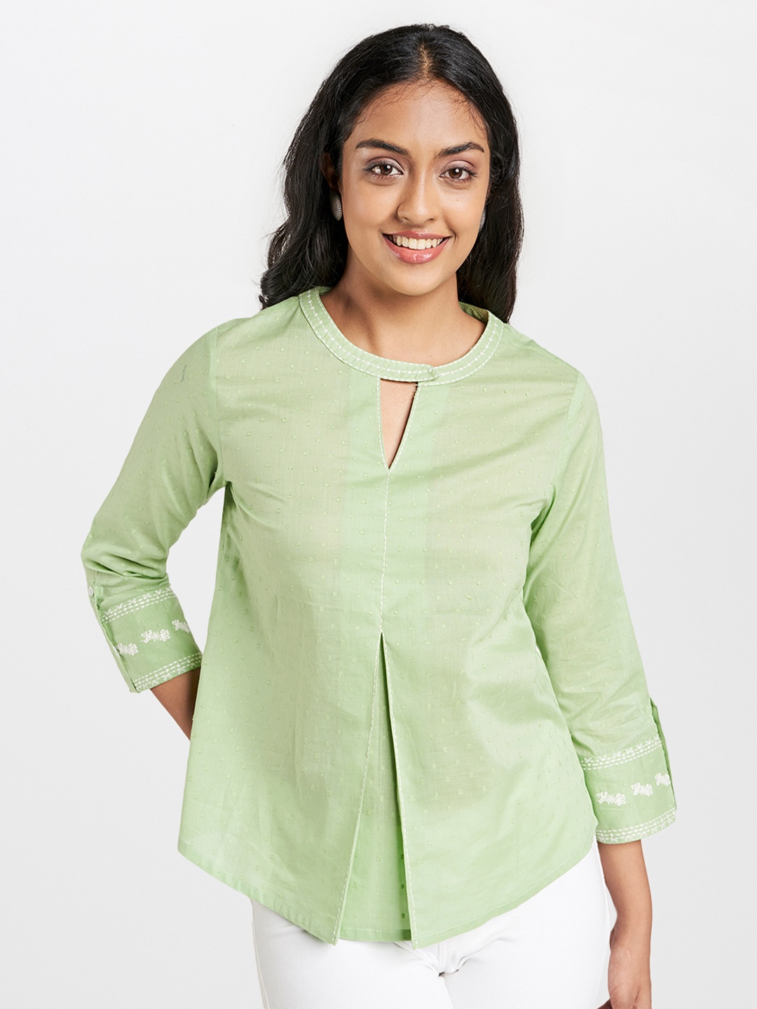 

Global Desi Women Green Self Design Pure Cotton Top