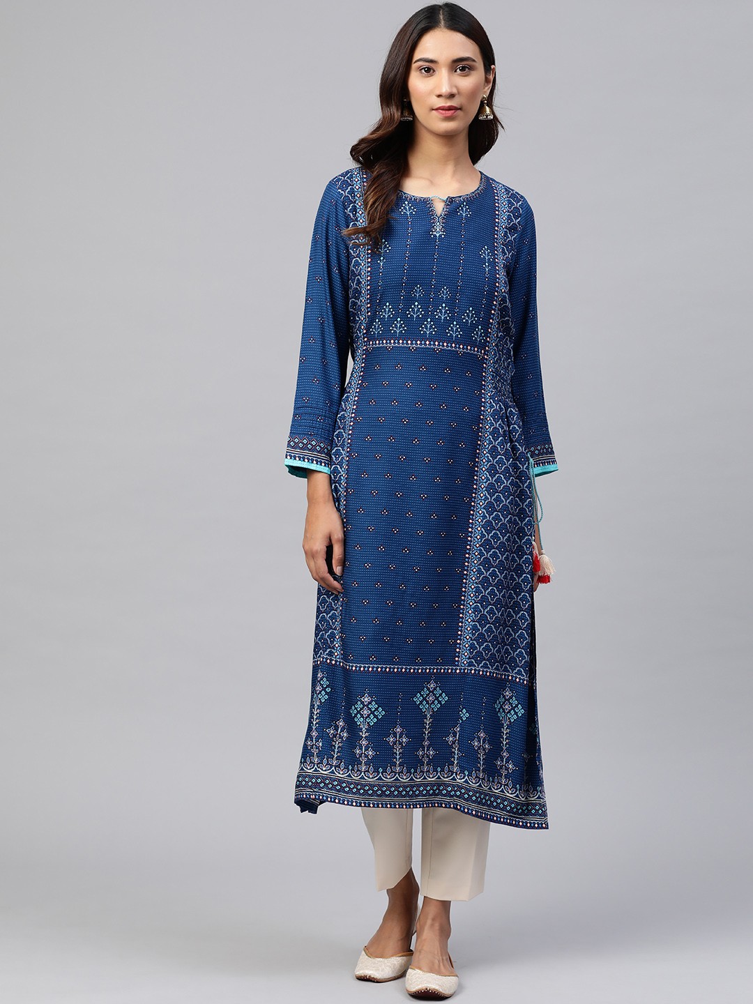 

Global Desi Women Navy Blue Ethnic Motifs Printed Ecovero Keyhole Neck Kurta