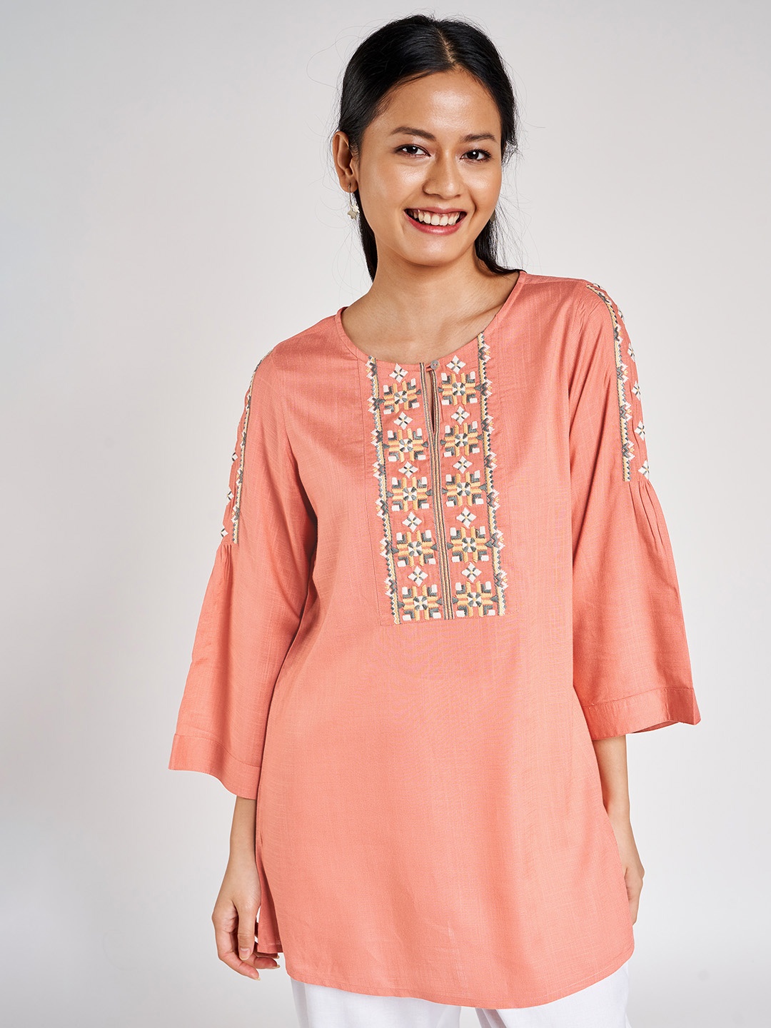 

Global Desi Women Pink Yoke Embroidered Ecovero Tunic